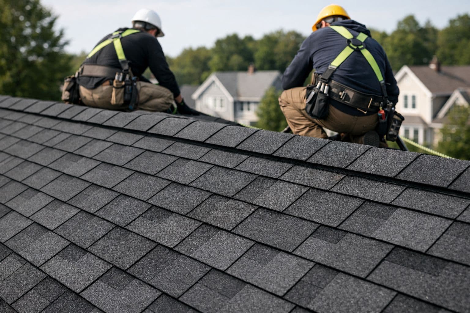 Roxaco crew installing asphalt shingles on a New England home
