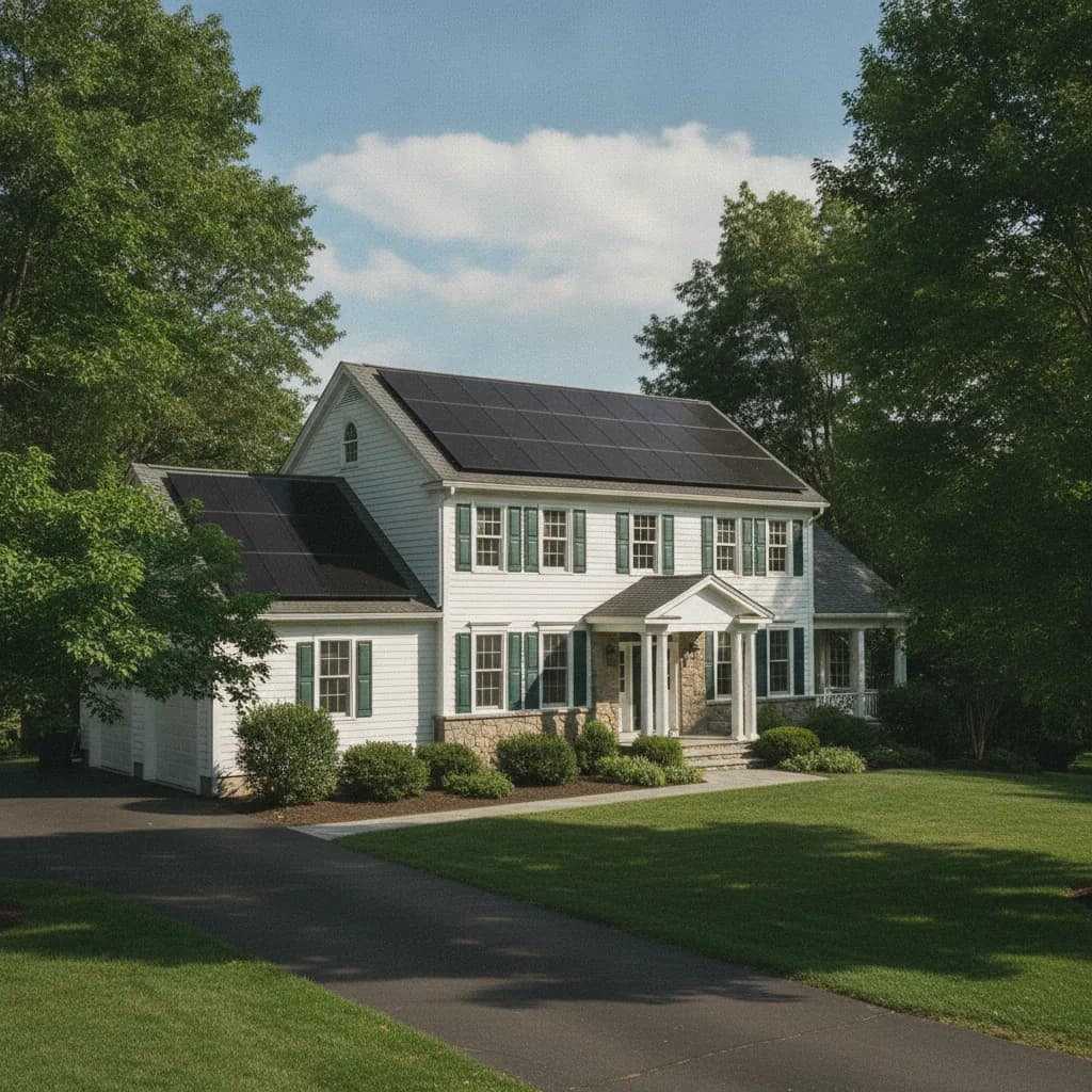 New England home with rooftop solar panels installed by Roxaco